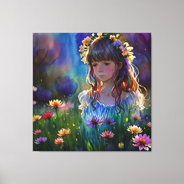 *~  Wild Flower Field AP56 Girl Art Painting Canvas Print (Front)