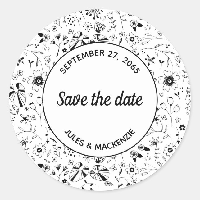 Wild Flower Monochrome Modern Save the Date Classic Round Sticker (Front)