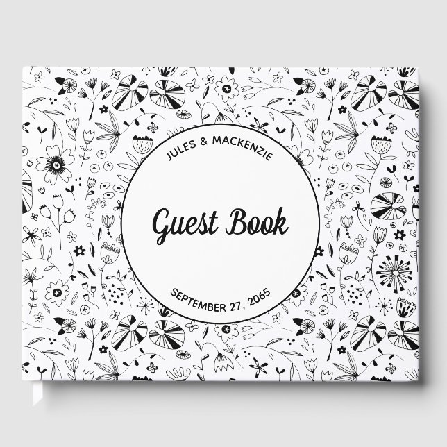 Wild Flower Monochrome Modern Wedding Guest Book (Front)