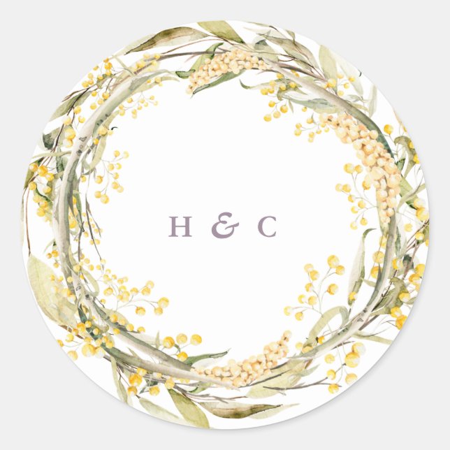 Wild Flower Pampas Yellow Monogram Wedding Classic Round Sticker (Front)