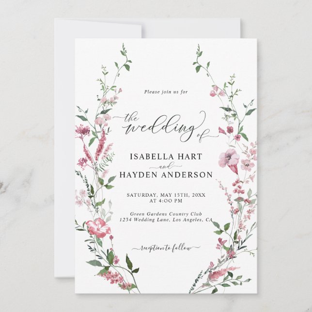 Wild Flower Pink All In One QR Code Floral Wedding Invitation (Front)