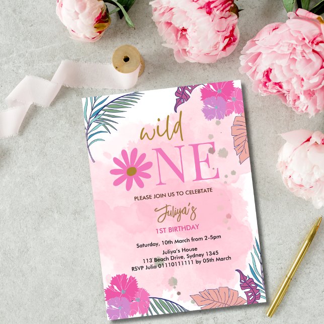 Wild flower tropical leaf baby girl 1st Birthday   Invitation (Creator Uploaded)