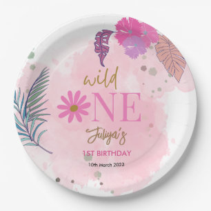 Wild flower tropical leaf baby girl 1st Birthday   Paper Plate