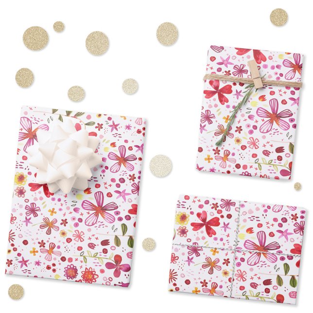 Wild Flower Watercolor Floral Pink and White Wrapping Paper Sheet (Watercolor modern floral gift wrap paper sheets)