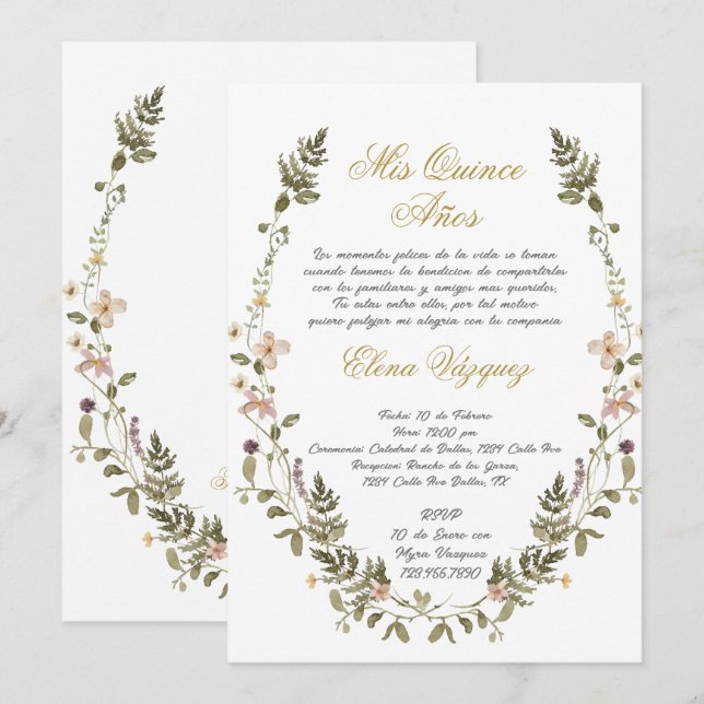 Wild flower wreath Quinceañera invitation  (Front/Back)