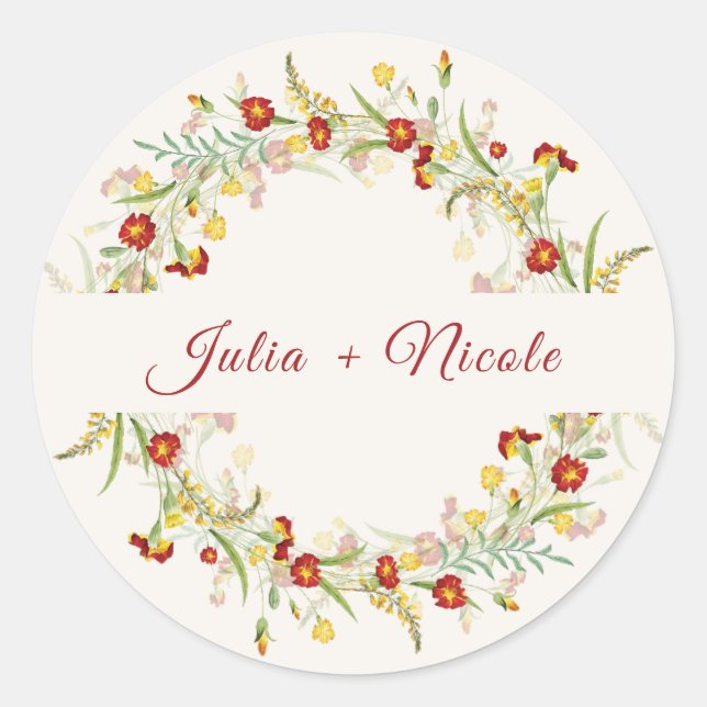 Wild Flower Yellow Marigold Foliage Wedding Classic Round Sticker (Front)