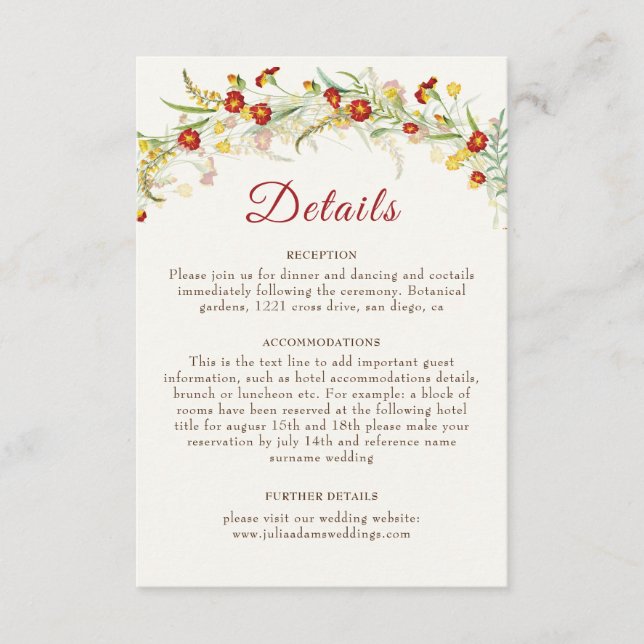 Wild Flower Yellow Marigold Foliage Wedding Enclosure Card (Front)