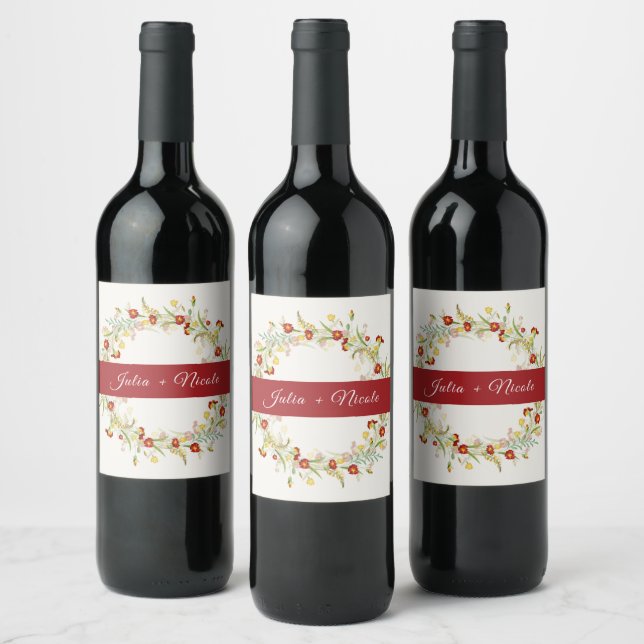 Wild Flower Yellow Marigold Foliage Wedding Wine Label (Bottles)