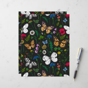 Wild flowers and butterflies on black