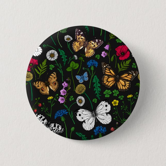 Wild flowers and butterflies on black 2 inch round button (Front)