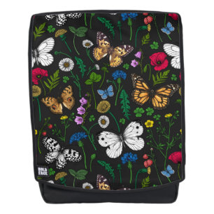 Wild flowers and butterflies on black backpack