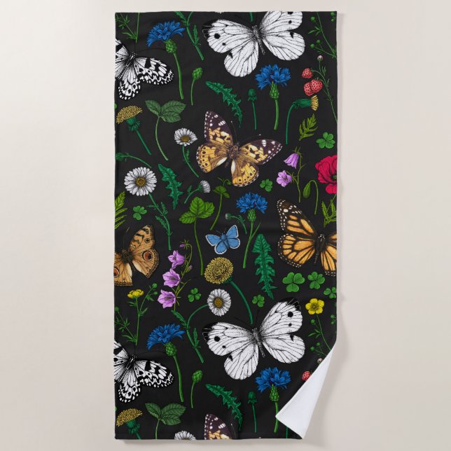 Wild flowers and butterflies on black beach towel (Front)