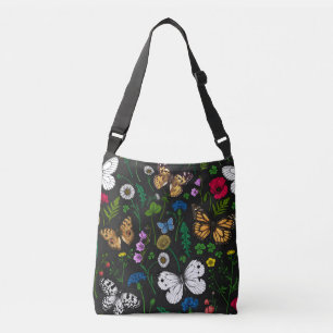 Wild flowers and butterflies on black crossbody bag