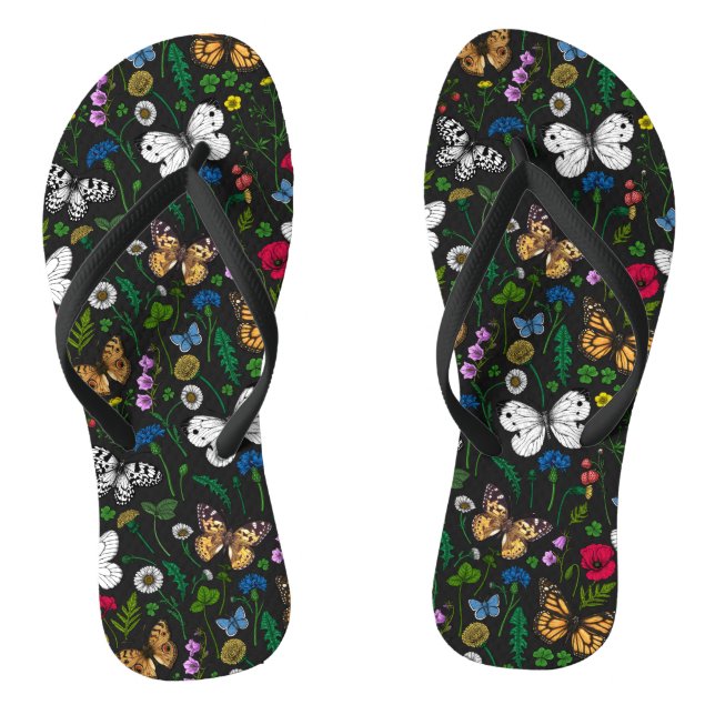 Wild flowers and butterflies on black flip flops (Footbed)