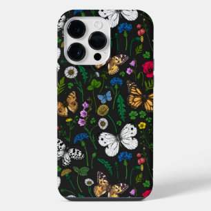 Wild flowers and butterflies on black iPhone 14 pro max case