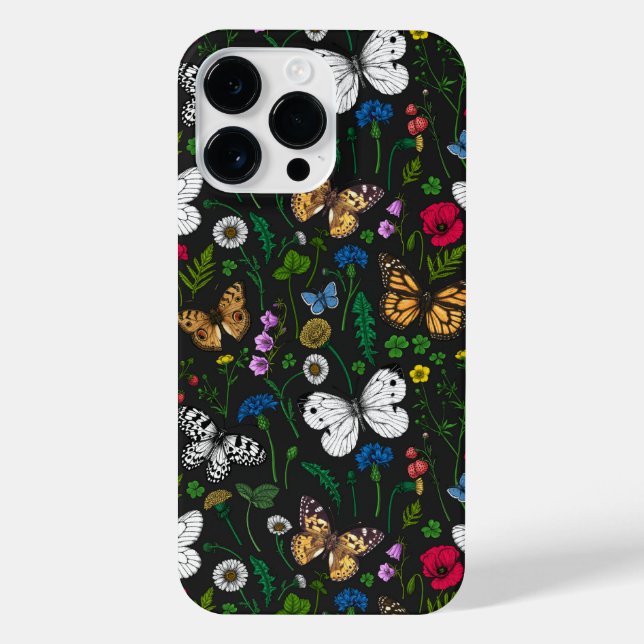 Wild flowers and butterflies on black iPhone case (Back)