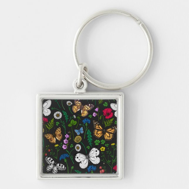 Wild flowers and butterflies on black keychain (Front)
