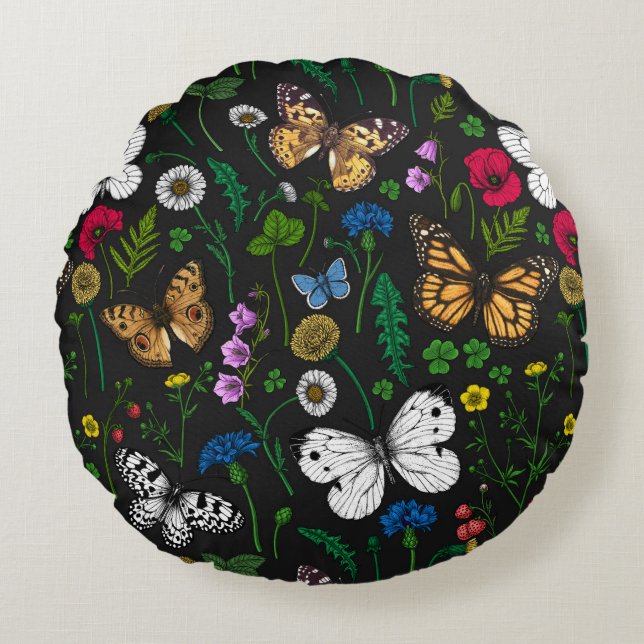 Wild flowers and butterflies on black round pillow (Front)