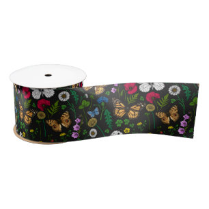 Wild flowers and butterflies on black satin ribbon