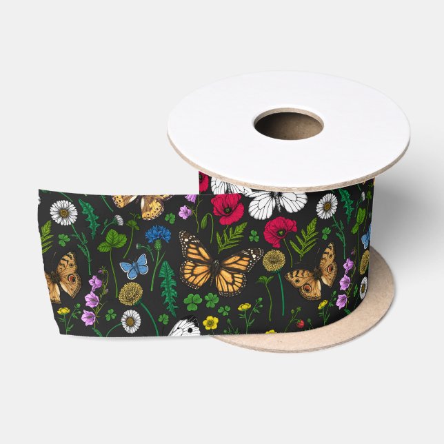 Wild flowers and butterflies on black satin ribbon (Spool)