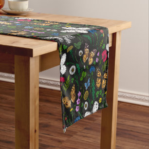 Wild flowers and butterflies on black short table runner