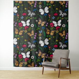 Wild flowers and butterflies on black tapestry
