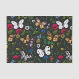 Wild flowers and butterflies on black tissue paper