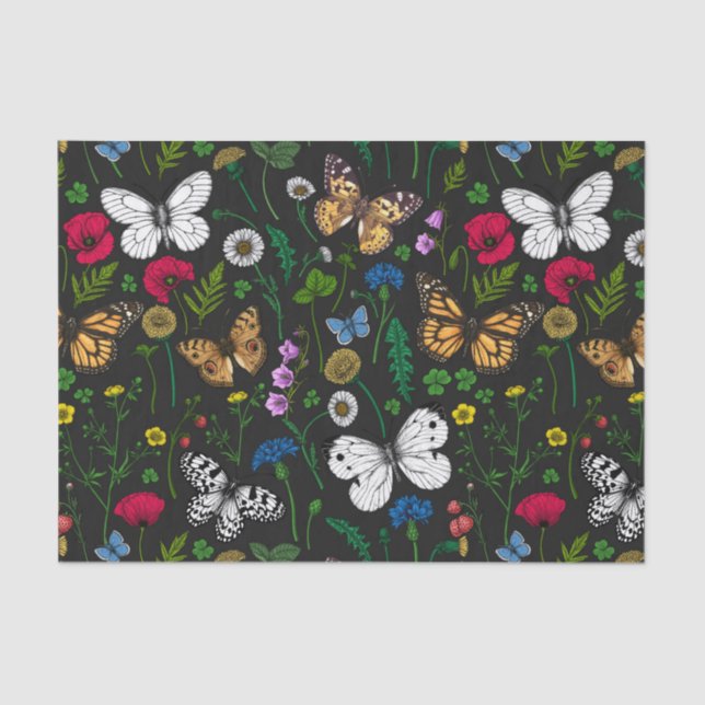Wild flowers and butterflies on black tissue paper (Front)
