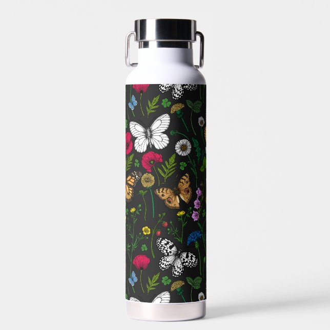 Wild flowers and butterflies on black water bottle (Front)