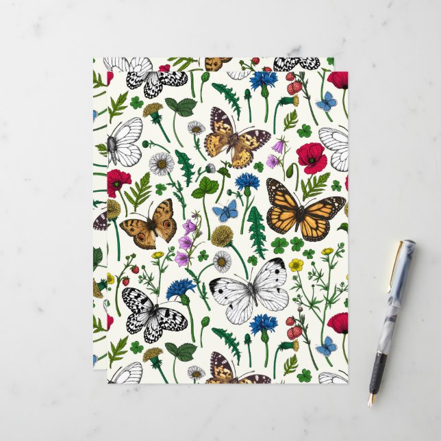 Wild flowers and butterflies on white (Front/Back In Situ)