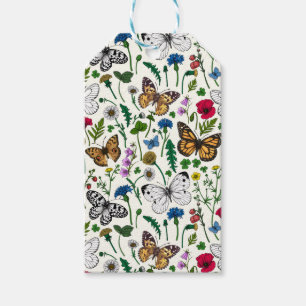Wild flowers and butterflies on white gift tags