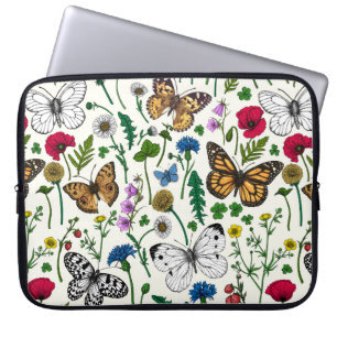 Wild flowers and butterflies on white laptop sleeve