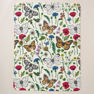 Wild flowers and butterflies on white sherpa blanket