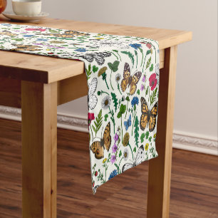 Wild flowers and butterflies on white short table runner