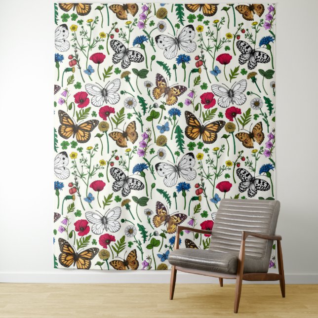 Wild flowers and butterflies on white tapestry (In Situ)