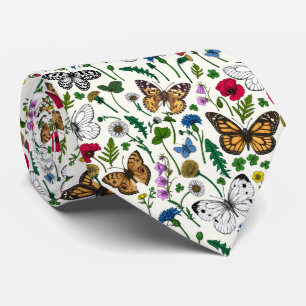 Wild flowers and butterflies on white tie