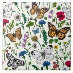 Wild flowers and butterflies on white tile<br><div class="desc">Hand-painted collection of various butterflies and wild flowers.</div>