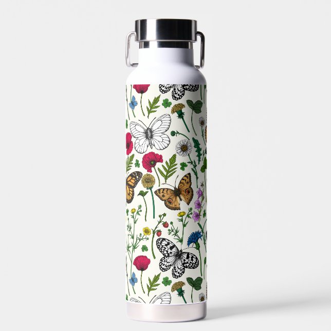 Wild flowers and butterflies on white water bottle (Front)