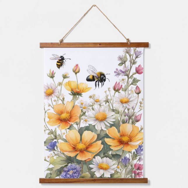 Wild Flowers and Honey Bees Watercolor Hanging Tapestry (Front)