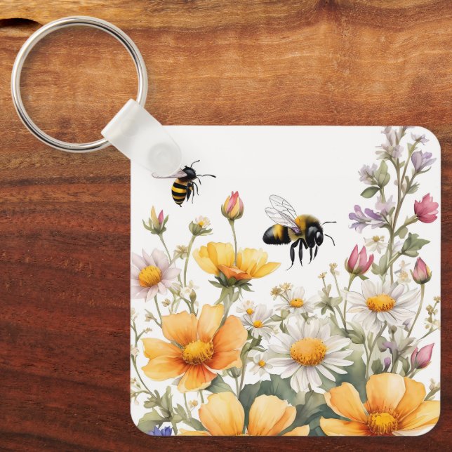 Wild Flowers and Honey Bees Watercolor Keychain (Front)