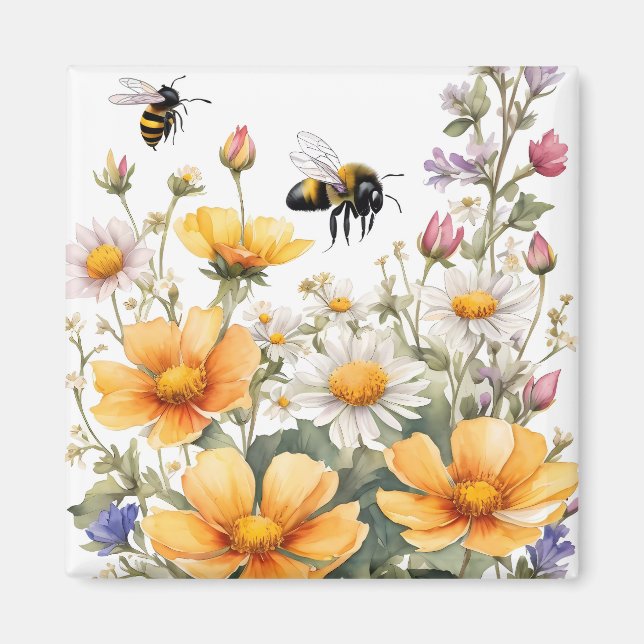Wild Flowers and Honey Bees Watercolor Magnet (Front)