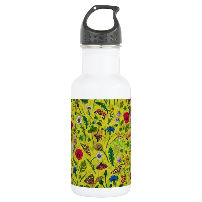 Wild flowers and moths on green 532 ml water bottle (Front)