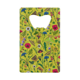Wild flowers and moths on green credit card bottle opener