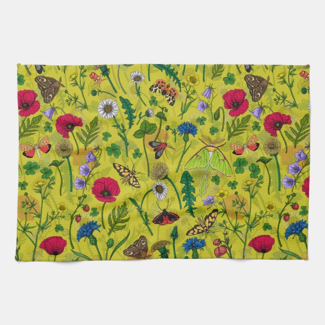 Wild flowers and moths on green kitchen towel (Horizontal)