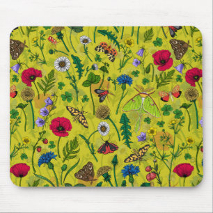 Wild flowers and moths on green mouse pad
