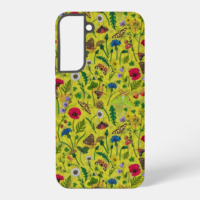 Wild flowers and moths on green samsung galaxy s22+ case (Back)