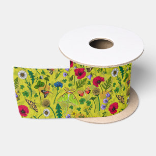 Wild flowers and moths on green satin ribbon