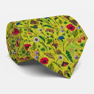 Wild flowers and moths on green tie