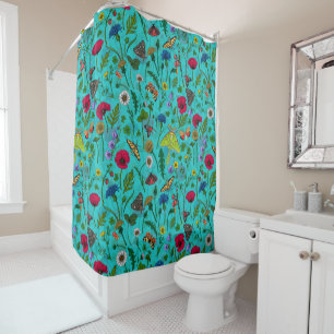 Wild flowers and moths on teal