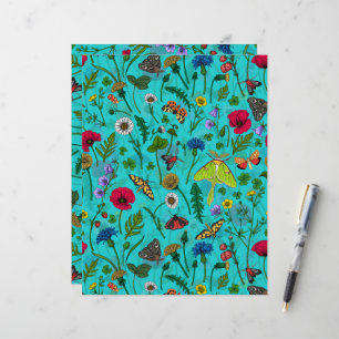 Wild flowers and moths on teal